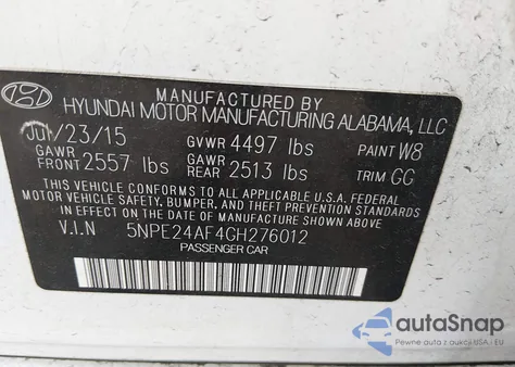2016 Hyundai Sonata Se from USA, damaged, VIN 5NPE24AF4GH276012